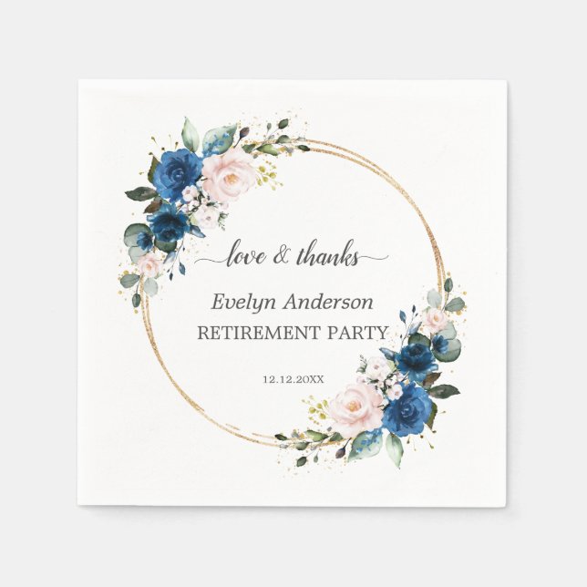 Elegant Gold Navy Blue Pink Flowers Retirement Napkins (Front)