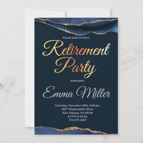 Elegant Gold Navy Blue Retirement Party Invitation