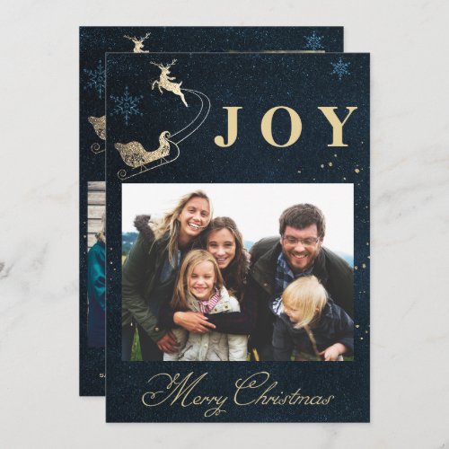 Elegant Gold Navy Blue Sky Photo Family Christmas Holiday Card