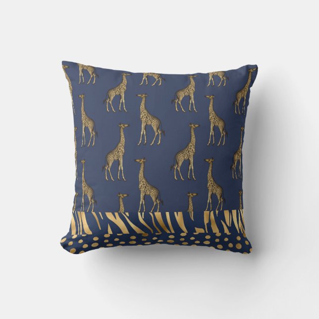 Elegant Gold Navy Blue Tiger Giraffe Cheetah Print Throw Pillow (Front)