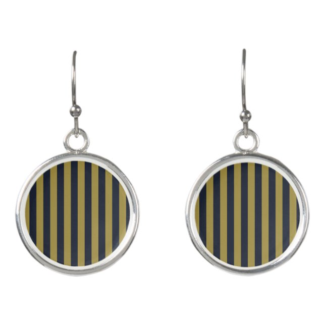 Elegant Gold & Navy Blue Vertical Stripes Earrings (Front)