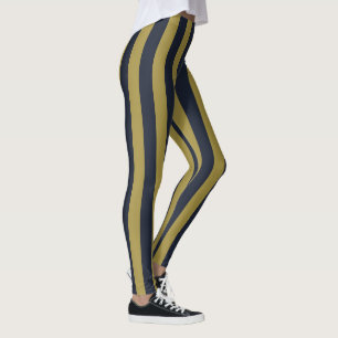 Elegant Gold & Navy Blue Vertical Stripes Leggings