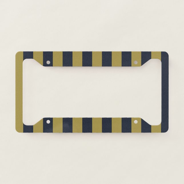 Elegant Gold & Navy Blue Vertical Stripes License Plate Frame (Front)