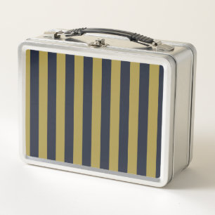 Elegant Gold & Navy Blue Vertical Stripes Metal Lunch Box