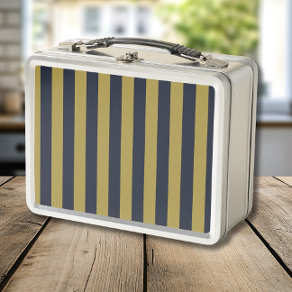 Elegant Gold & Navy Blue Vertical Stripes Metal Lunch Box