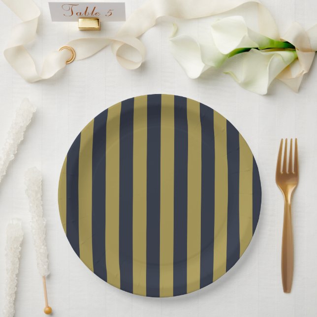 Elegant Gold & Navy Blue Vertical Stripes Paper Plates (Wedding)