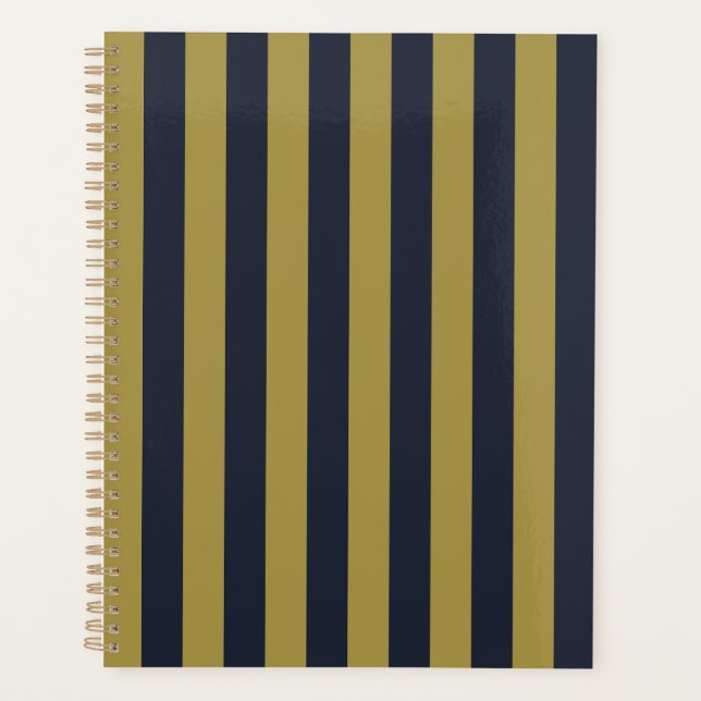 Elegant Gold & Navy Blue Vertical Stripes Planner (Front)