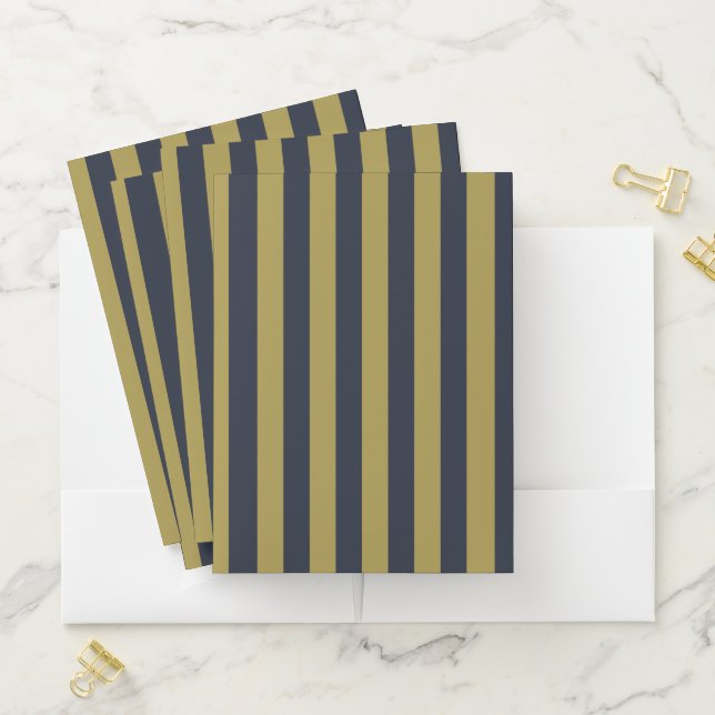 Elegant Gold & Navy Blue Vertical Stripes Pocket Folder (In Situ)