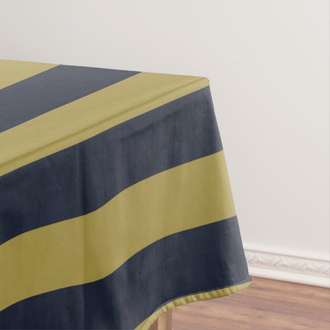 Elegant Gold & Navy Blue Vertical Stripes Tablecloth (In Situ)