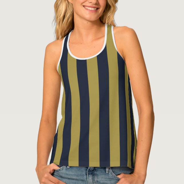 Elegant Gold & Navy Blue Vertical Stripes Tank Top (Front)