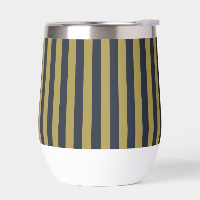 Elegant Gold & Navy Blue Vertical Stripes Thermal Wine Tumbler (Left)