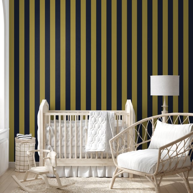 Elegant Gold & Navy Blue Vertical Stripes Wallpaper (Kids)
