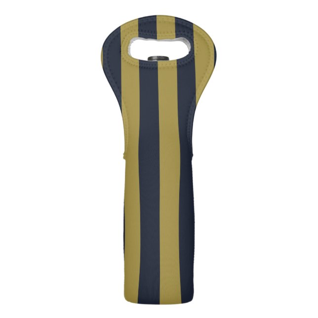 Elegant Gold & Navy Blue Vertical Stripes Wine Bag (Front)