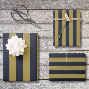 Elegant Gold & Navy Blue Vertical Stripes Wrapping Paper Sheets