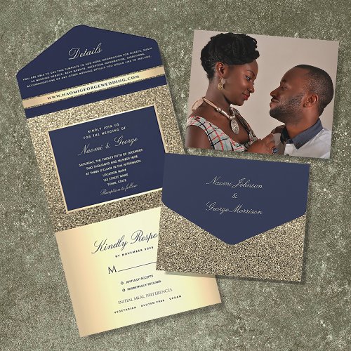 Elegant Gold Navy Blue Wedding All In One Invitation