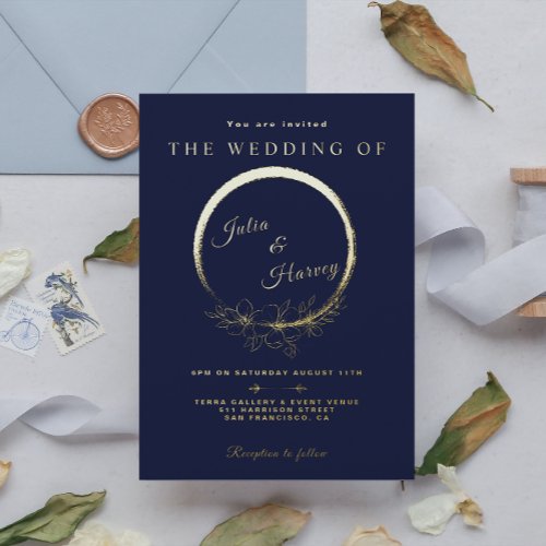 Elegant Gold Navy Blue Wedding Foil Invitation
