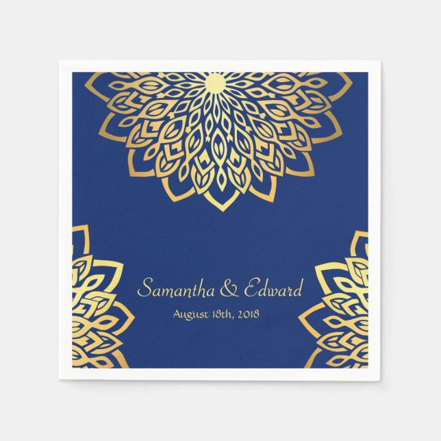 Elegant Gold Navy Blue Wedding Napkins (Front)