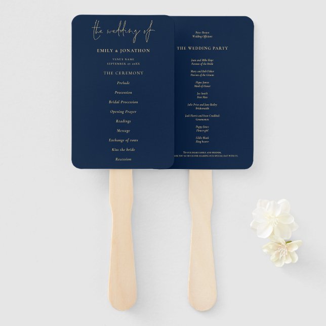 Elegant Gold Navy Blue Wedding Program Hand Fan (Front and Back)