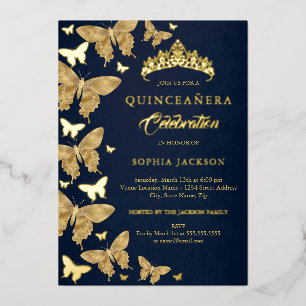Elegant Gold Navy Butterfly Quinceanera Foil Invitation