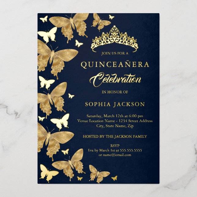 Elegant Gold Navy Butterfly Quinceanera Foil Invitation (Front)