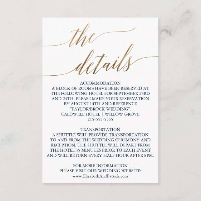 Elegant Gold & Navy Calligraphy Wedding Details Enclosure Card (Front)
