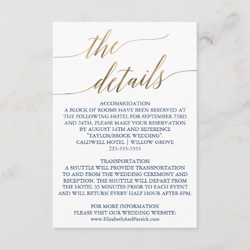 Elegant Gold  Navy Calligraphy Wedding Details Enclosure Card