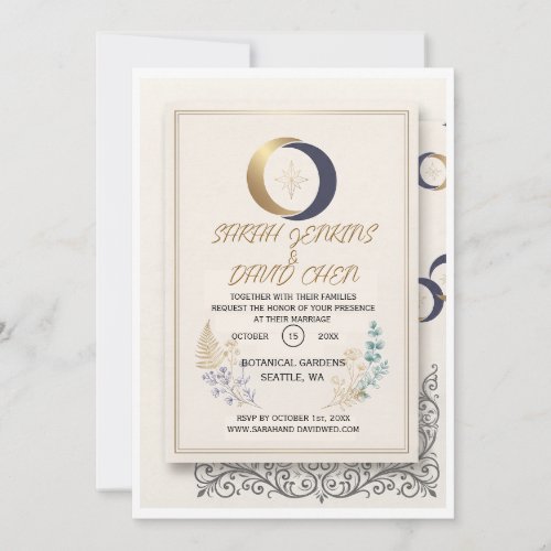 Elegant Gold & Navy Celestial Botanical  Invitation