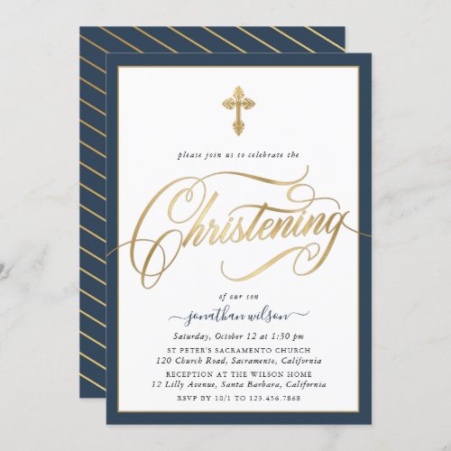 Elegant Gold  Navy Christening  Invitation