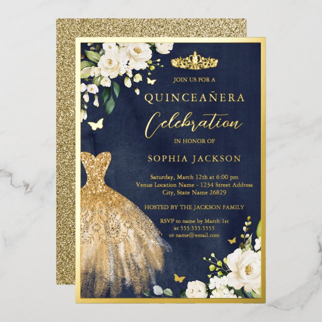 Elegant Gold Navy Floral Tiara Dress Quinceanera  Foil Invitation (Front/Back)
