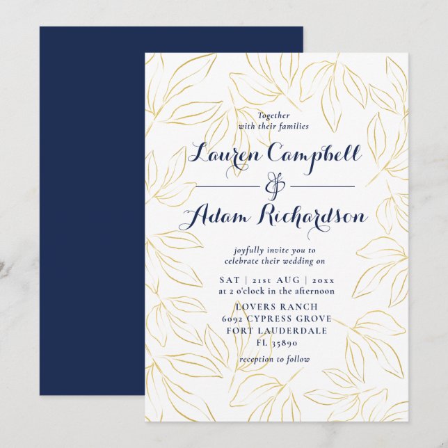 Elegant Gold & Navy Foliage Calligraphy Wedding Invitation (Front/Back)
