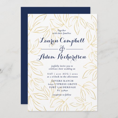 Elegant Gold  Navy Foliage Calligraphy Wedding Invitation
