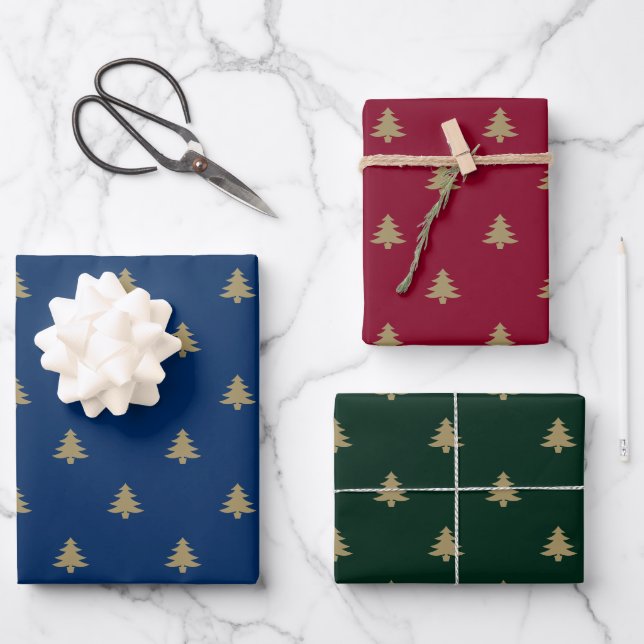 Elegant gold navy green burgundy Christmas Trees Wrapping Paper Sheets (Front)