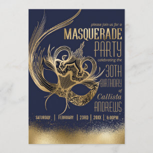 Elegant Gold Navy Masquerade Mask Birthday Party Invitation