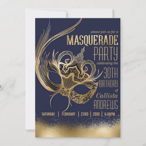 Elegant Gold Navy Masquerade Mask Birthday Party Invitation