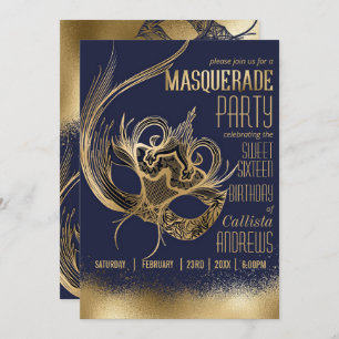 Elegant Gold Navy Masquerade Mask Sweet Sixteen Invitation