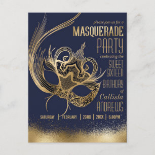 Elegant Gold Navy Masquerade Mask Sweet Sixteen Invitation Postcard