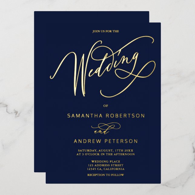 Elegant gold navy minimalist calligraphy wedding foil invitation (Front/Back)