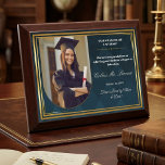 Elegant Gold & Navy Personalized Graduation Photo Award Plaque<br><div class="desc">Commemorate years of hard work and academic dedication with a stunning keepsake that captures the essence of success. This sophisticated award plaque features a timeless gold and black color palette, providing a professional backdrop for a graduate's favorite portrait and school achievements. Whether displayed on a home office desk or a...</div>