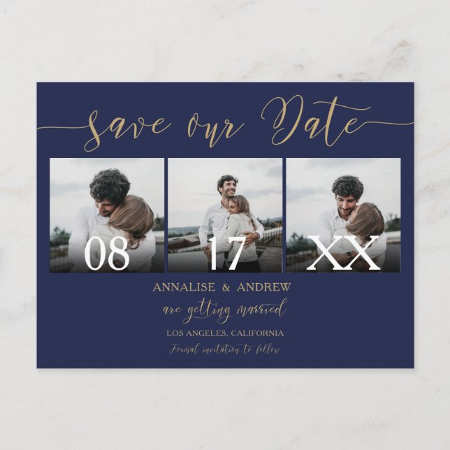Elegant gold navy script 3 photos save the date postcard (Front)