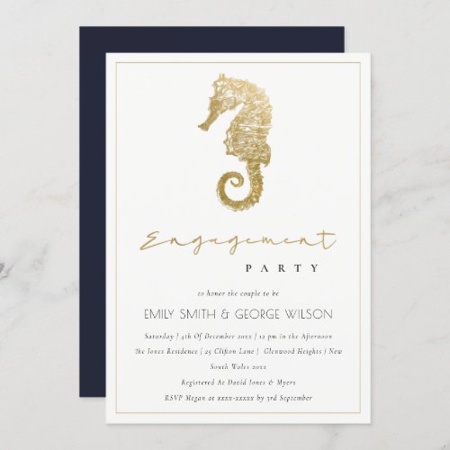 ELEGANT GOLD NAVY SEAHORSE ENGAGEMENT PARTY INVITE