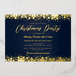 Elegant Gold Navy Snowflake Christmas Party Foil Invitation