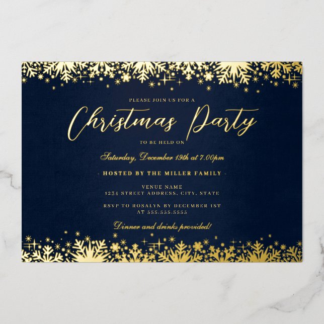 Elegant Gold Navy Snowflake Christmas Party Foil Invitation (Front)