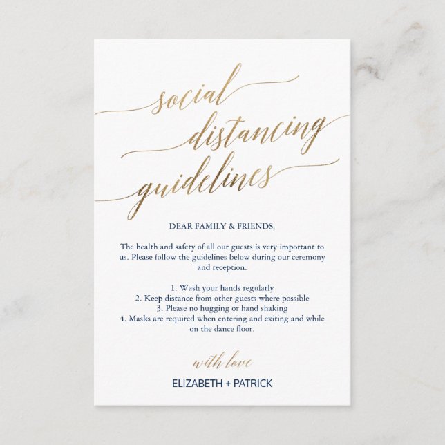 Elegant Gold & Navy Social Distancing Wedding Enclosure Card (Front)