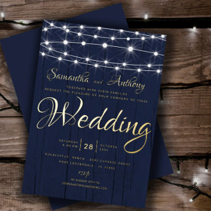 Elegant Gold &Navy String Lights RSVP Wedding Foil Invitation