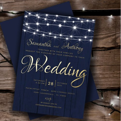 Elegant Gold Navy String Lights RSVP Wedding Foil Invitation