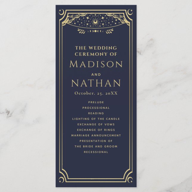 Elegant Gold & Navy Tarot Wedding  Program (Front)