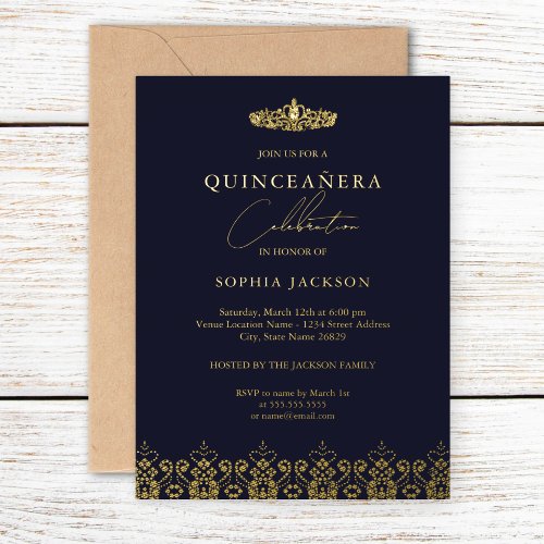 Elegant Gold Navy Tiara Quinceanera Foil Invitation