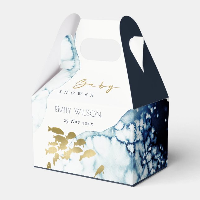 ELEGANT GOLD NAVY UNDERWATER FISH BABY SHOWER FAVOR BOXES (Front Side)
