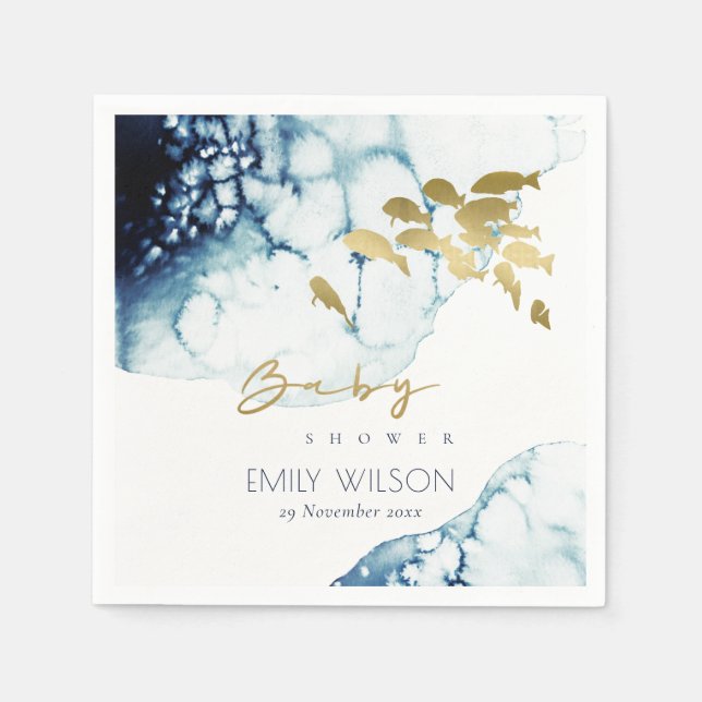 ELEGANT GOLD NAVY UNDERWATER  FISH BABY SHOWER NAPKINS (Front)