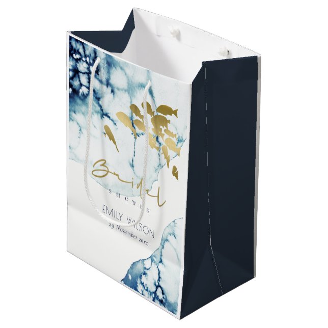 ELEGANT GOLD NAVY UNDERWATER  FISH BRIDAL SHOWER MEDIUM GIFT BAG (Front Angled)